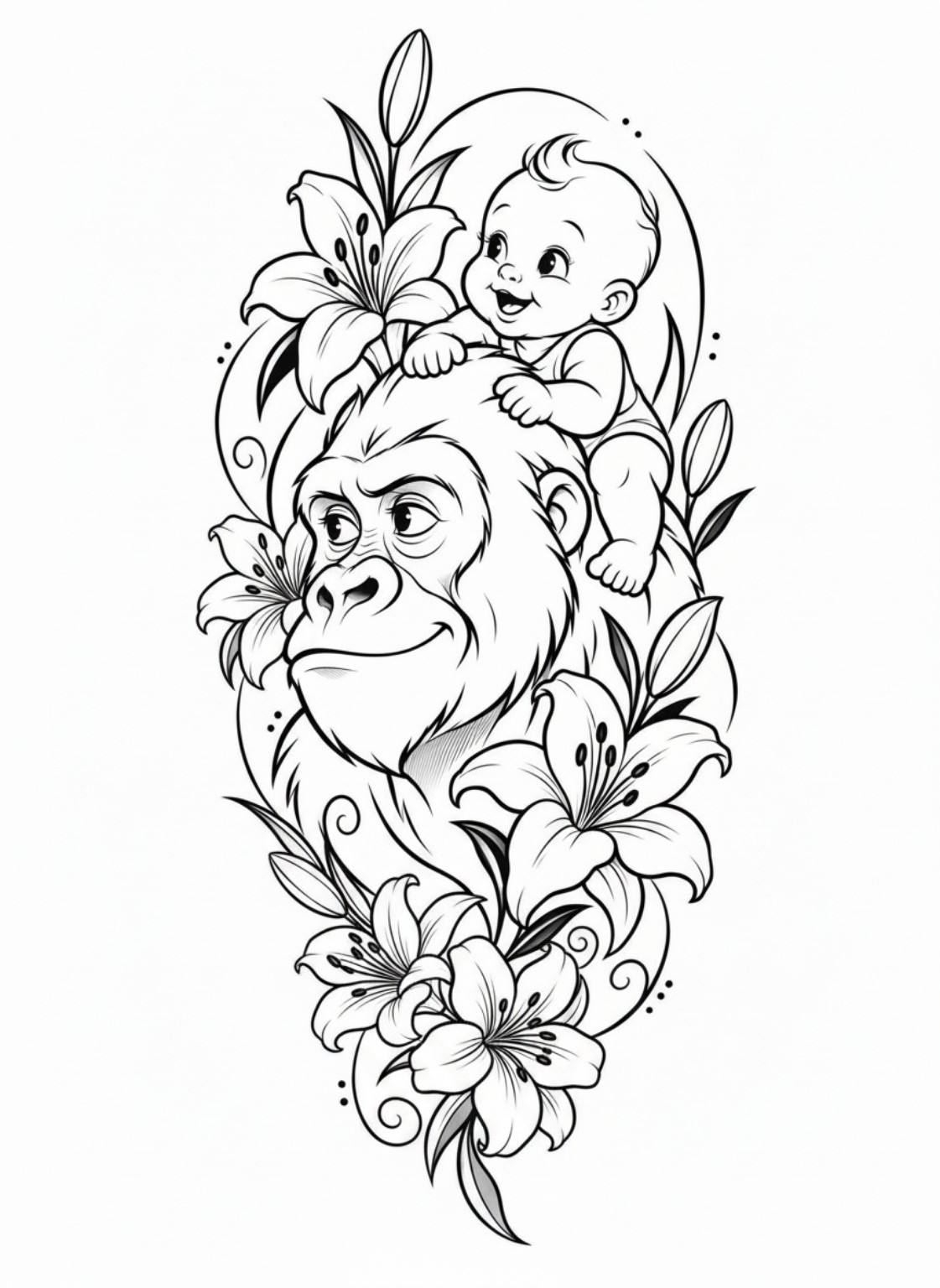 Gorilla mit Baby und Lilien